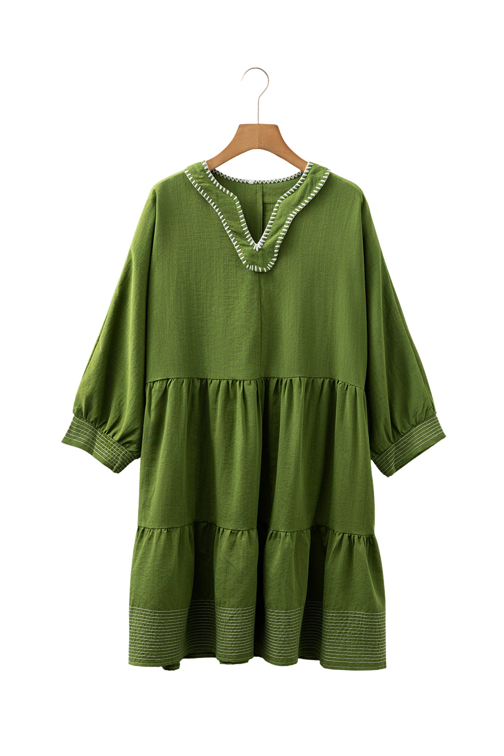 Jungle Green Contrast Stitched V Neck 3/4 Sleeve Tiered Dress (Warehouse Exclusives)