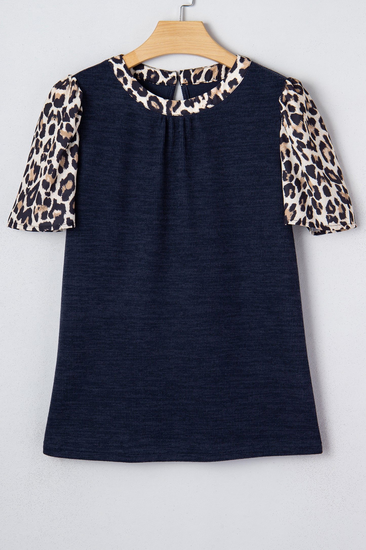 Ribbed Contrast Leopard Patchwork Short Sleeve Top