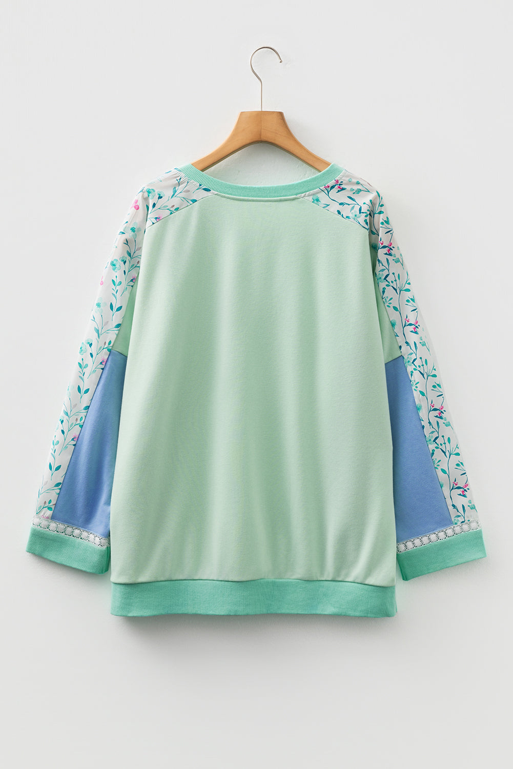 Green Color Block Floral Patchwork Long Sleeve Notched Neck Plus Size Top (Warehouse Exclusives)