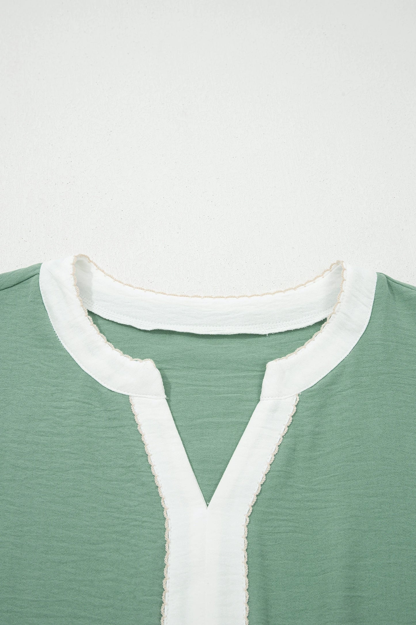 Sage green color block patchwork V-neck puff sleeve embroidered babydoll blouse by Modern Grace