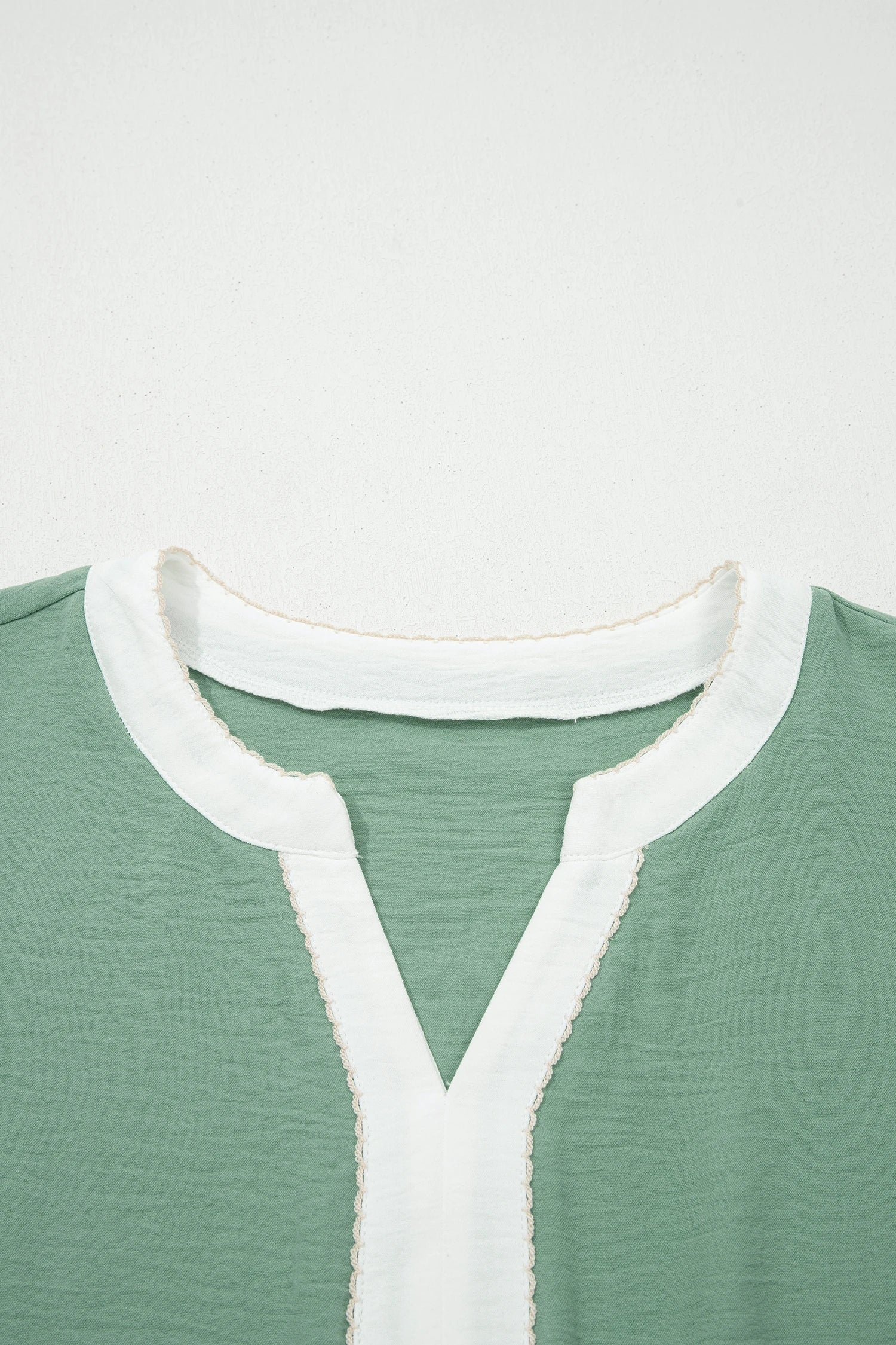 Sage green color block patchwork V-neck puff sleeve embroidered babydoll blouse by Modern Grace