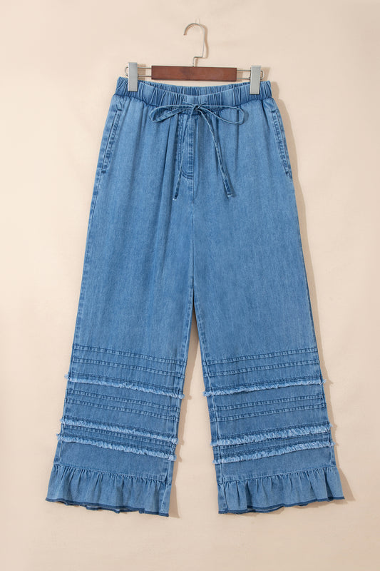 Beau Blue Ruffled Hem Wide Leg Chambray Pants