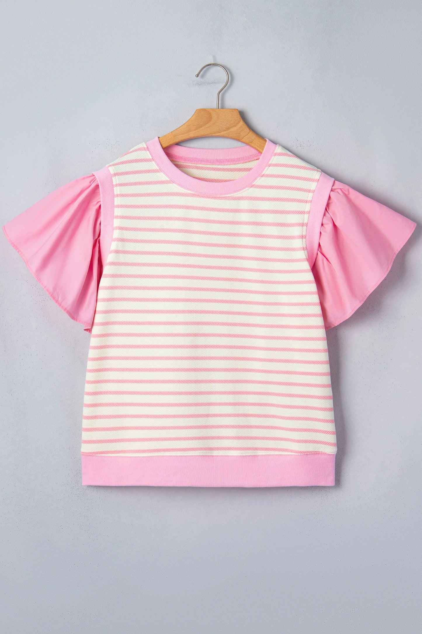 Pink stripe colorblock ruffle short sleeve patchwork blouse by Modern Grace, featuring feminine ruffles and vibrant design.