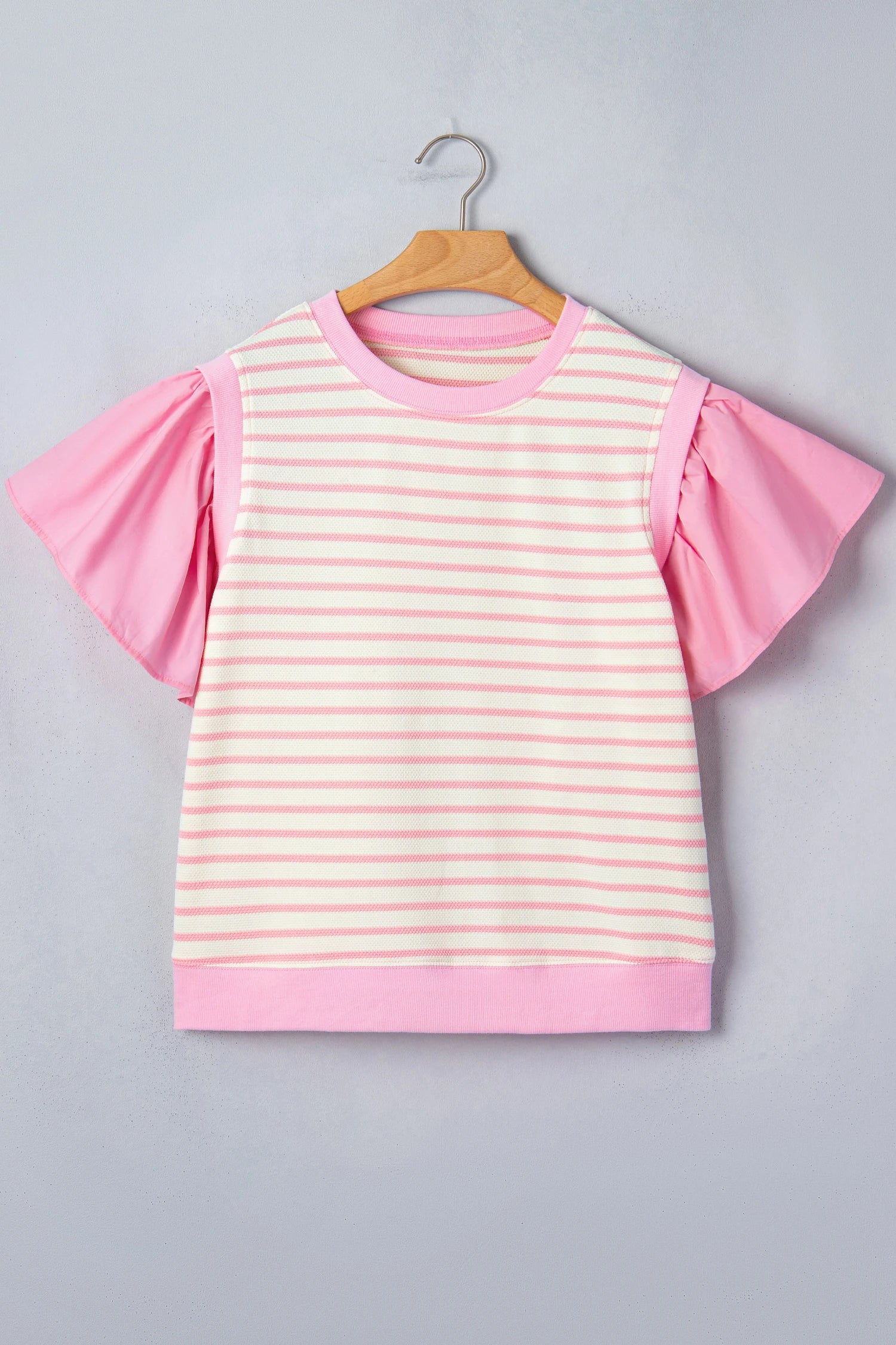 Pink stripe colorblock ruffle short sleeve patchwork blouse by Modern Grace, featuring feminine ruffles and vibrant design.