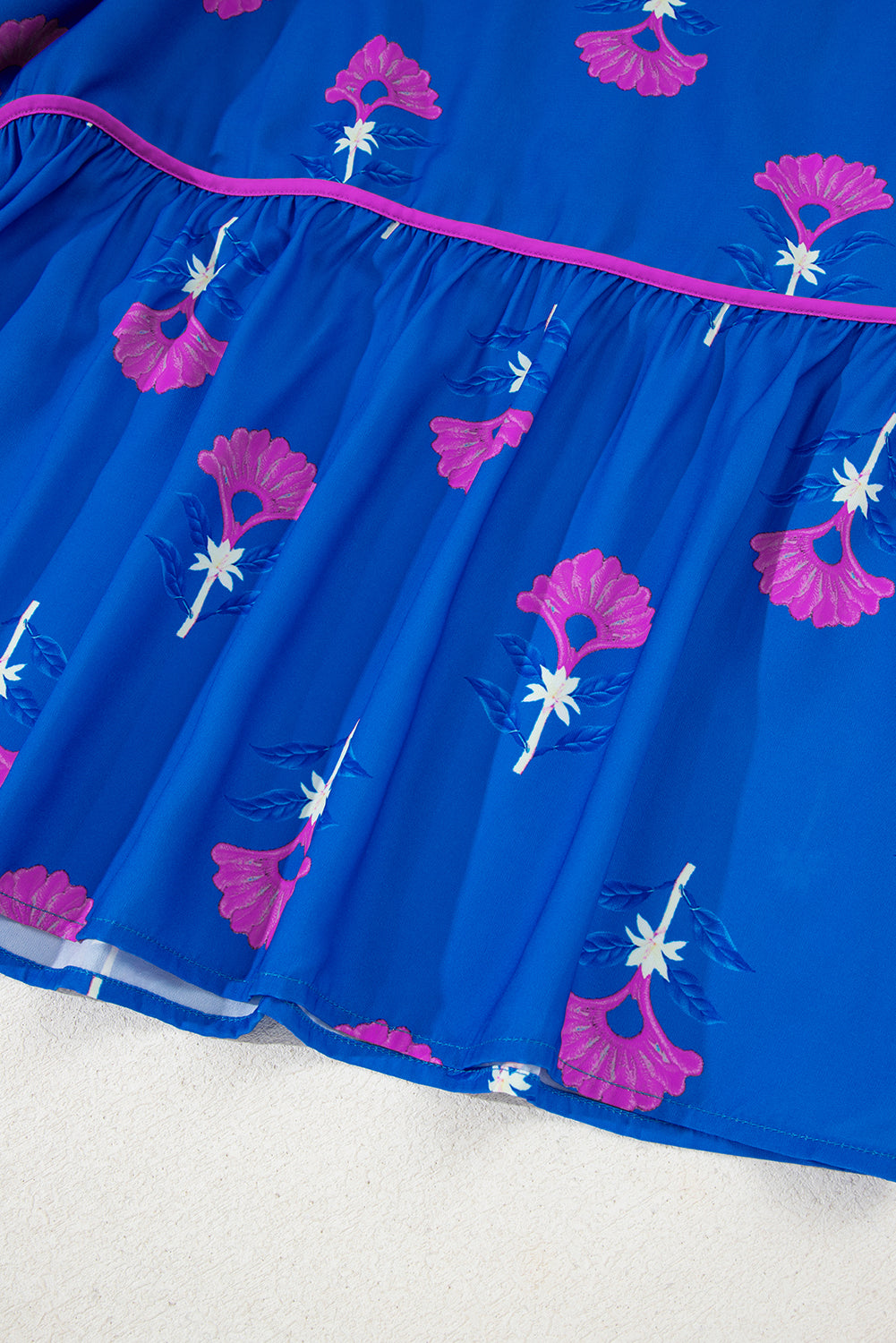 Blue Floral Print Notched Neck Butterfly Sleeve Shift Long Dress (Warehouse Exclusives)