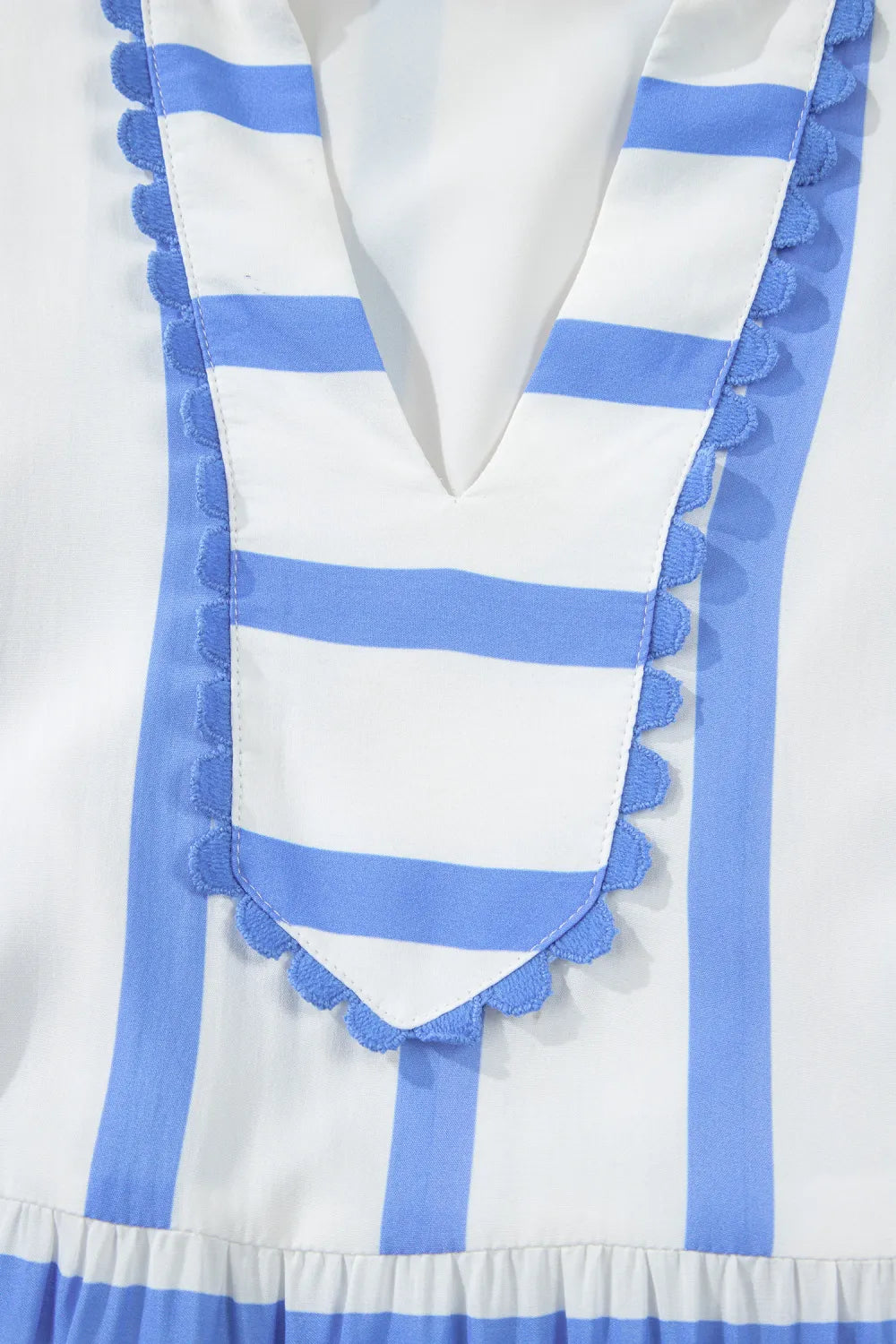 Sky Blue Stripe Ricrac Trim Notched Neck Half Sleeve Vacation Midi Dress