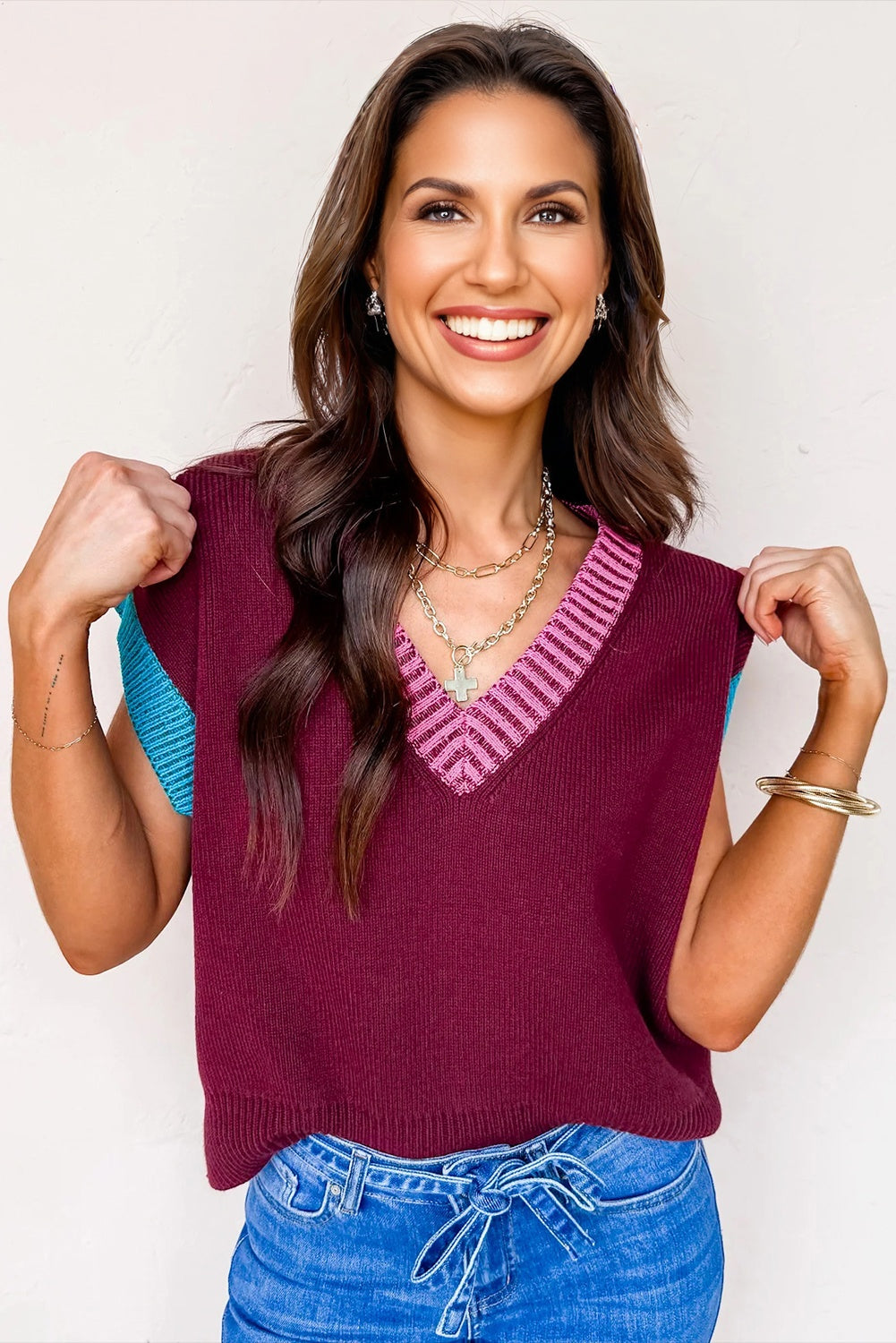 Burgundy Contrast Trim V Neck Short Sleeve Sweater (Warehouse Exclusives - Online only!)