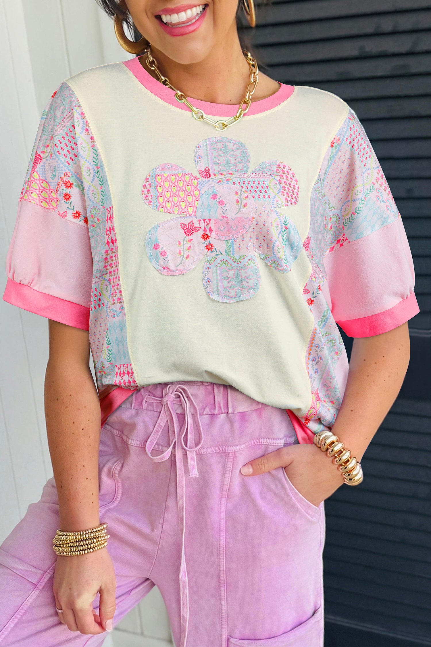 Beige color block floral patchwork relaxed top by Modern Grace featuring big flower accents and a casual fit.