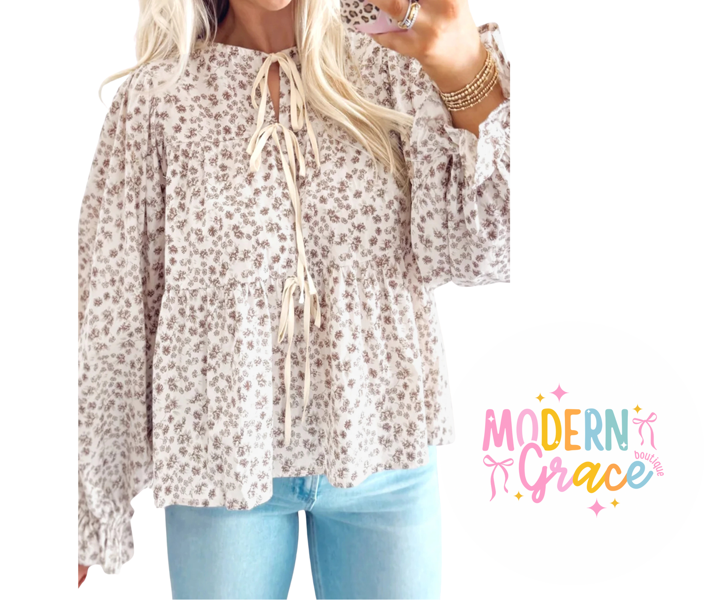 White Bow Tie Front Floral Print Peplum Blouse