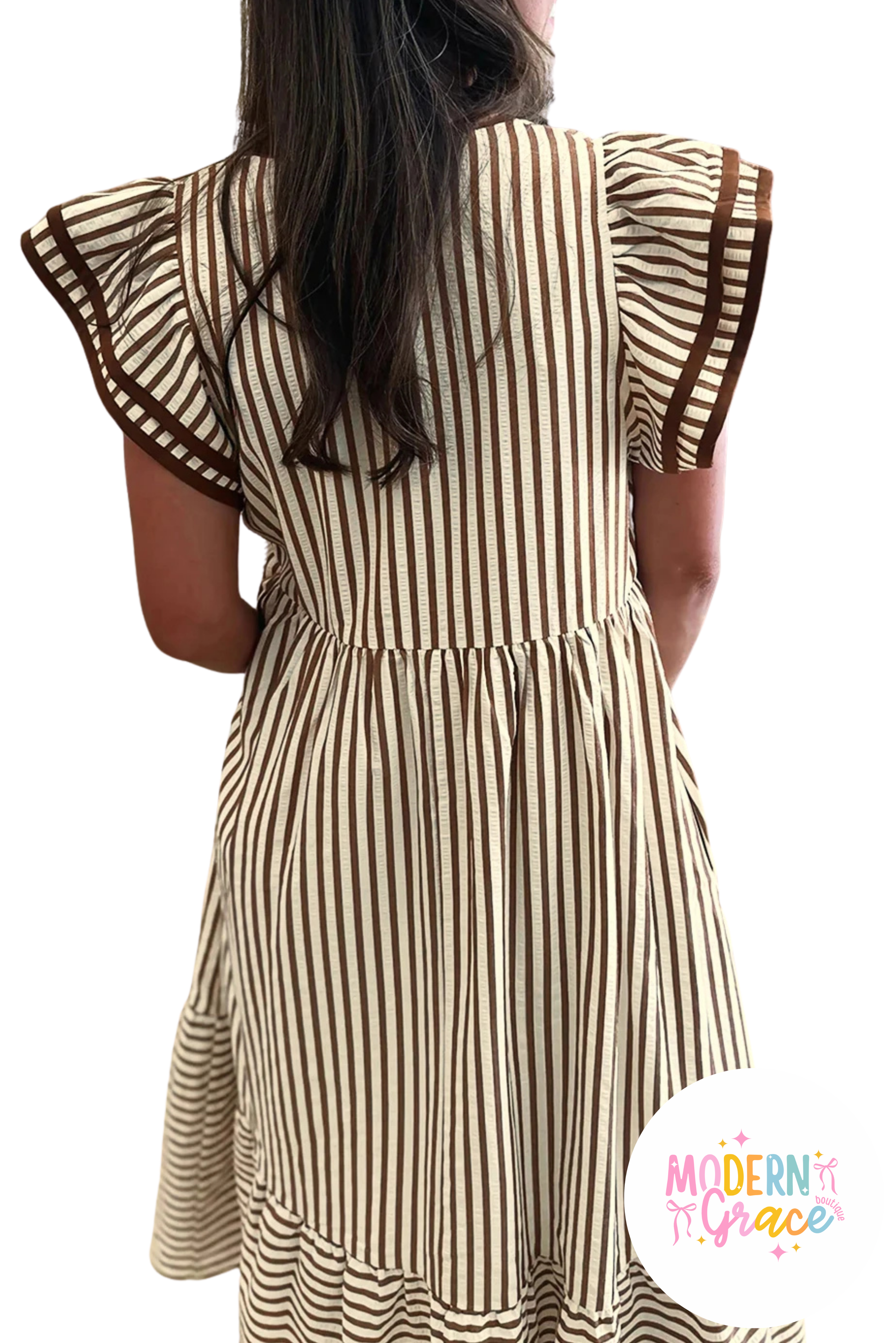 Brown Stripe Short Sleeve V Neck Midi Dress | Modern Grace Large Brown Stripe Short Sleeve V Neck Midi Dress | Modern Grace Large