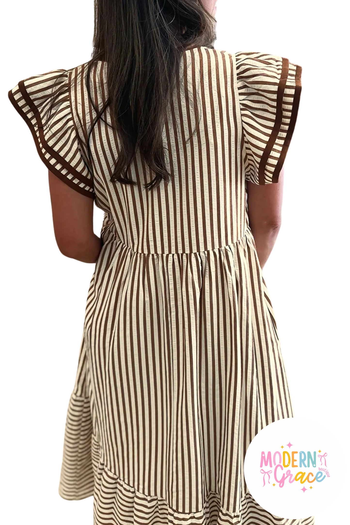Brown Stripe Short Sleeve V Neck Midi Dress