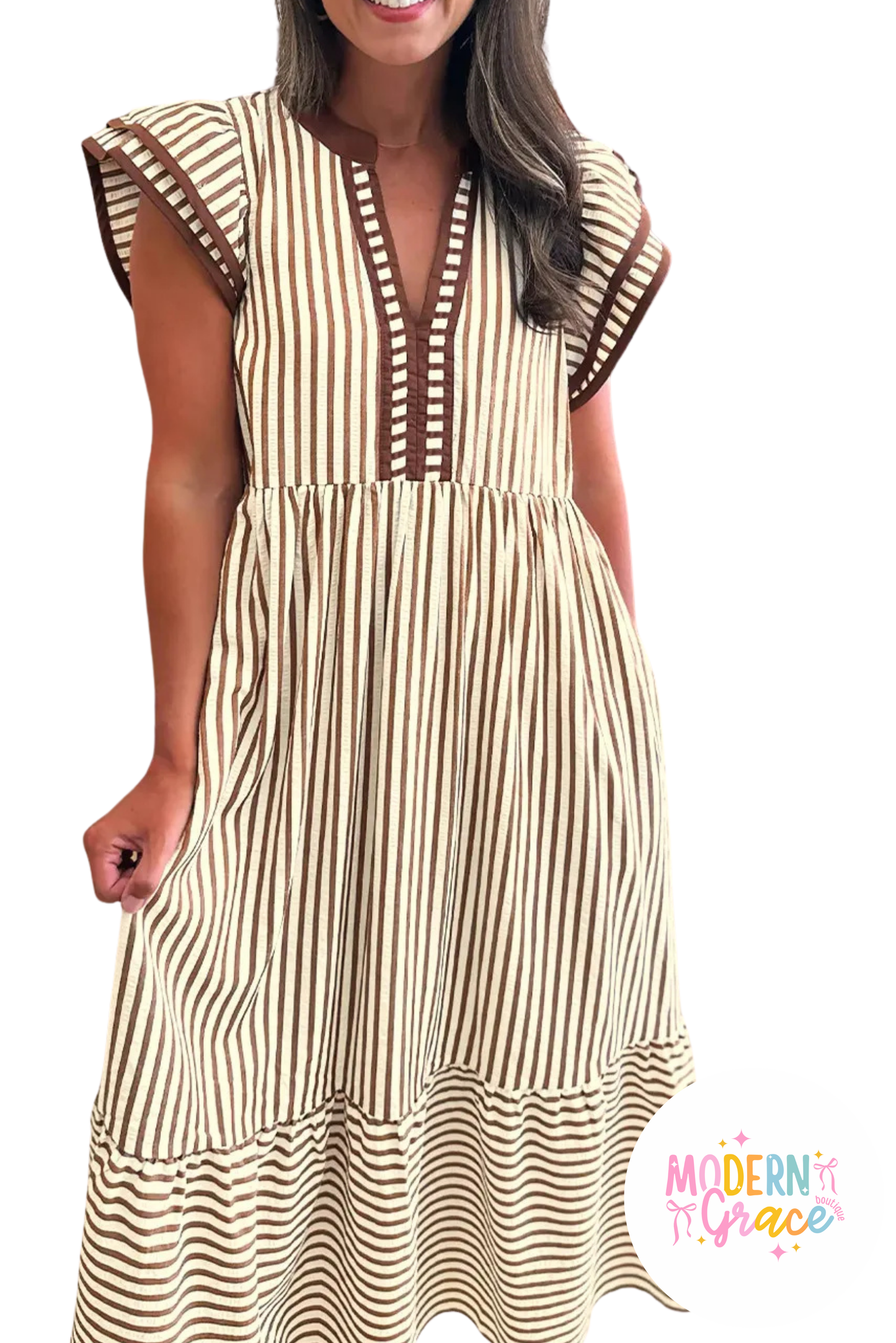 Brown Stripe Short Sleeve V Neck Midi Dress