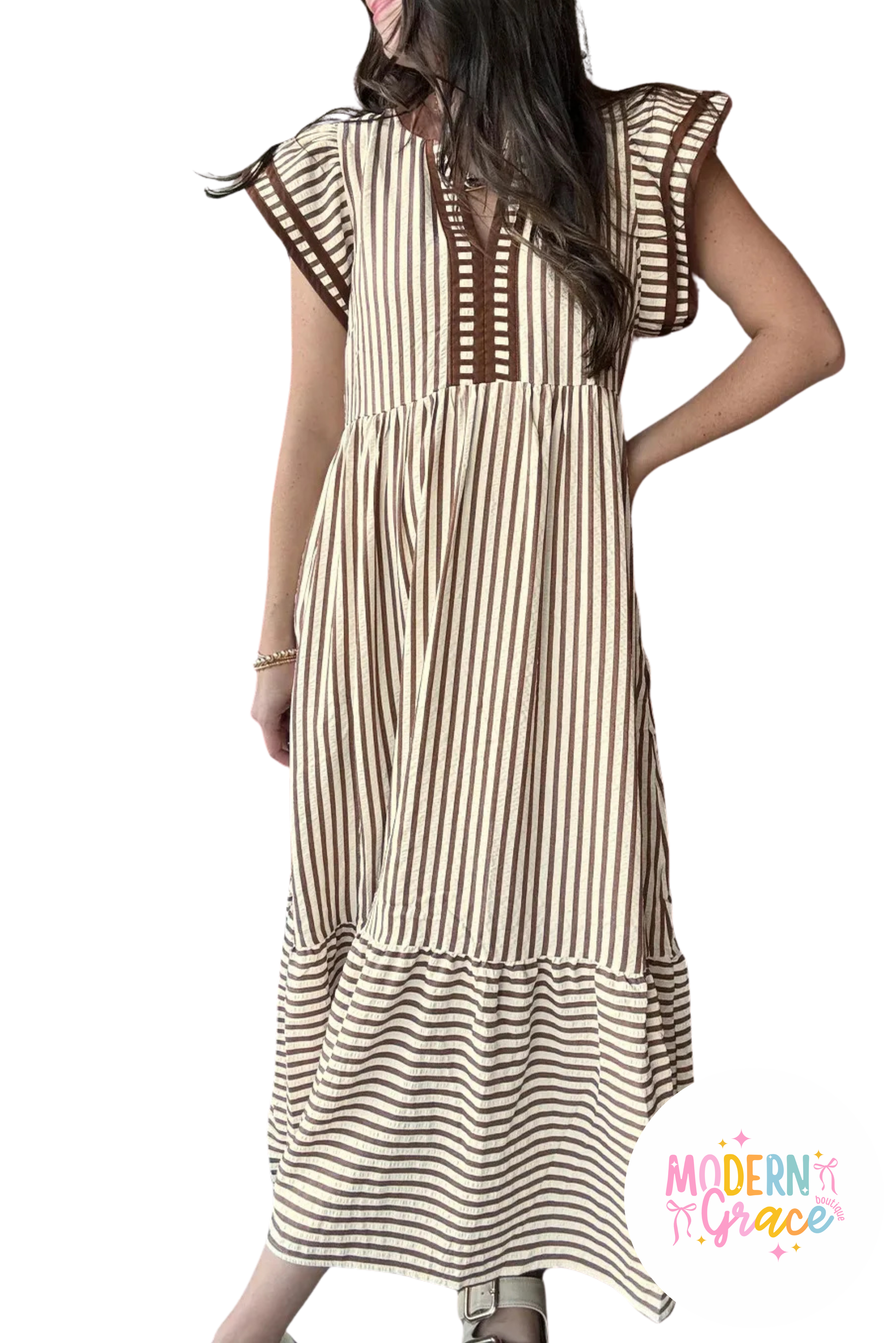 Brown Stripe Short Sleeve V Neck Midi Dress | Modern Grace Large Brown Stripe Short Sleeve V Neck Midi Dress | Modern Grace Large
