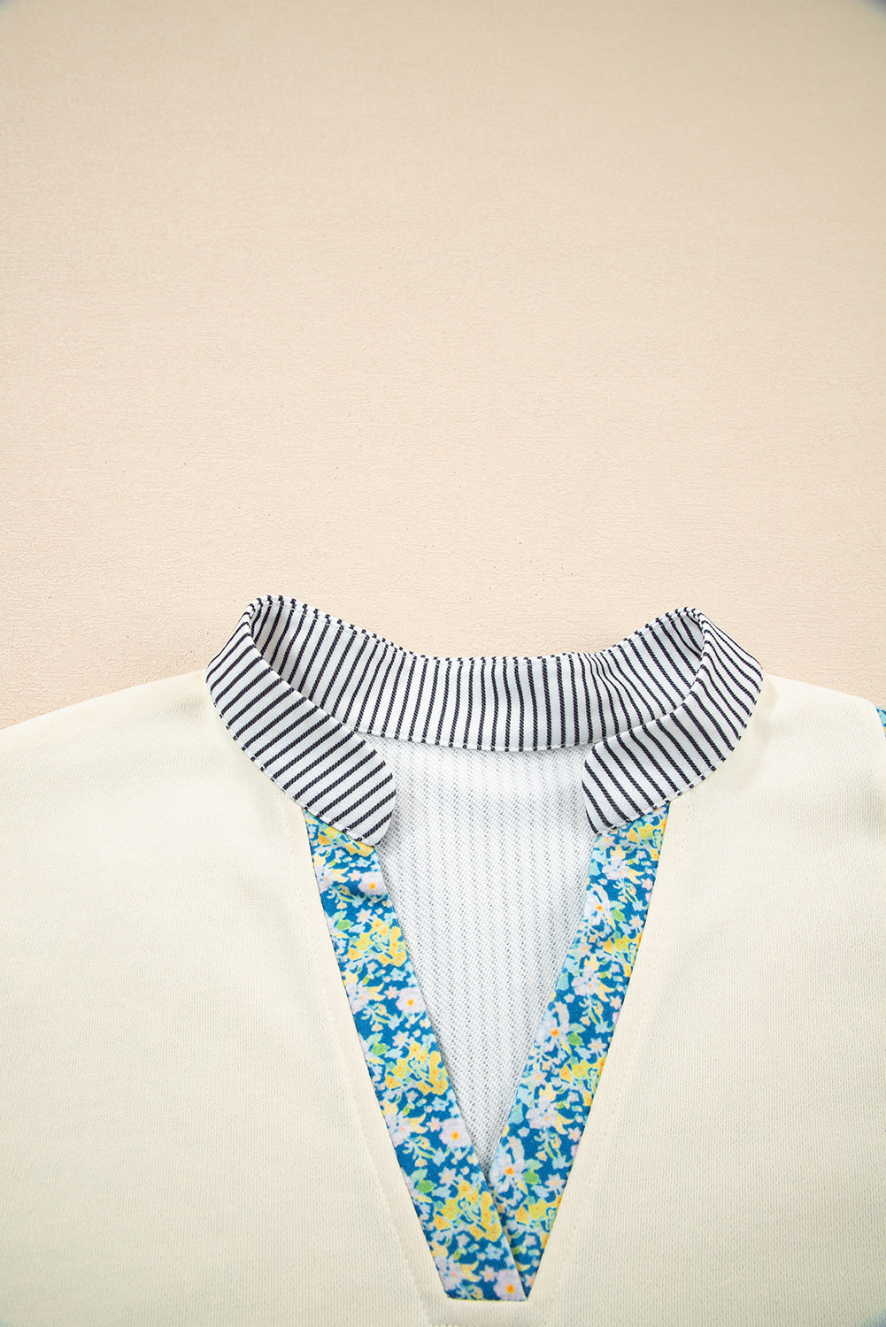 Beige Floral Striped Drop Sleeve Collared Boxy Fit Sweatshirt (Warehouse Exclusives - Online only)