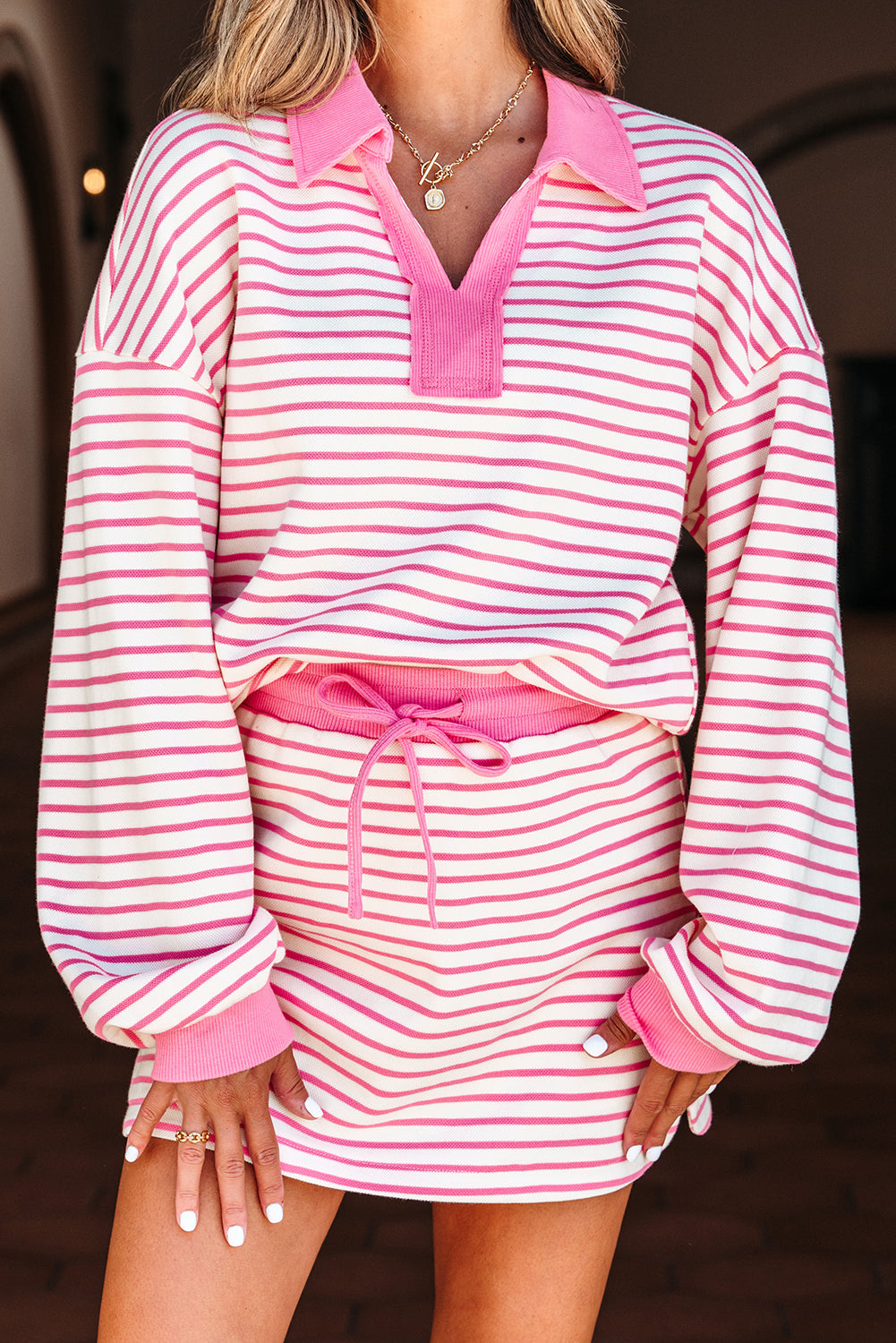 Pink Stripe Collared V Neck Drop Shoulder Pullover and Skort 2pcs Outfit (Warehouse Exclusive)