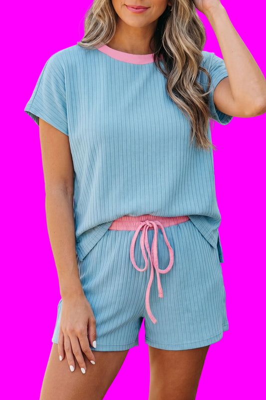Modern Grace Mist Blue soft ribbed color block short set, two-piece casual outfit with a relaxed fit and stylish design.