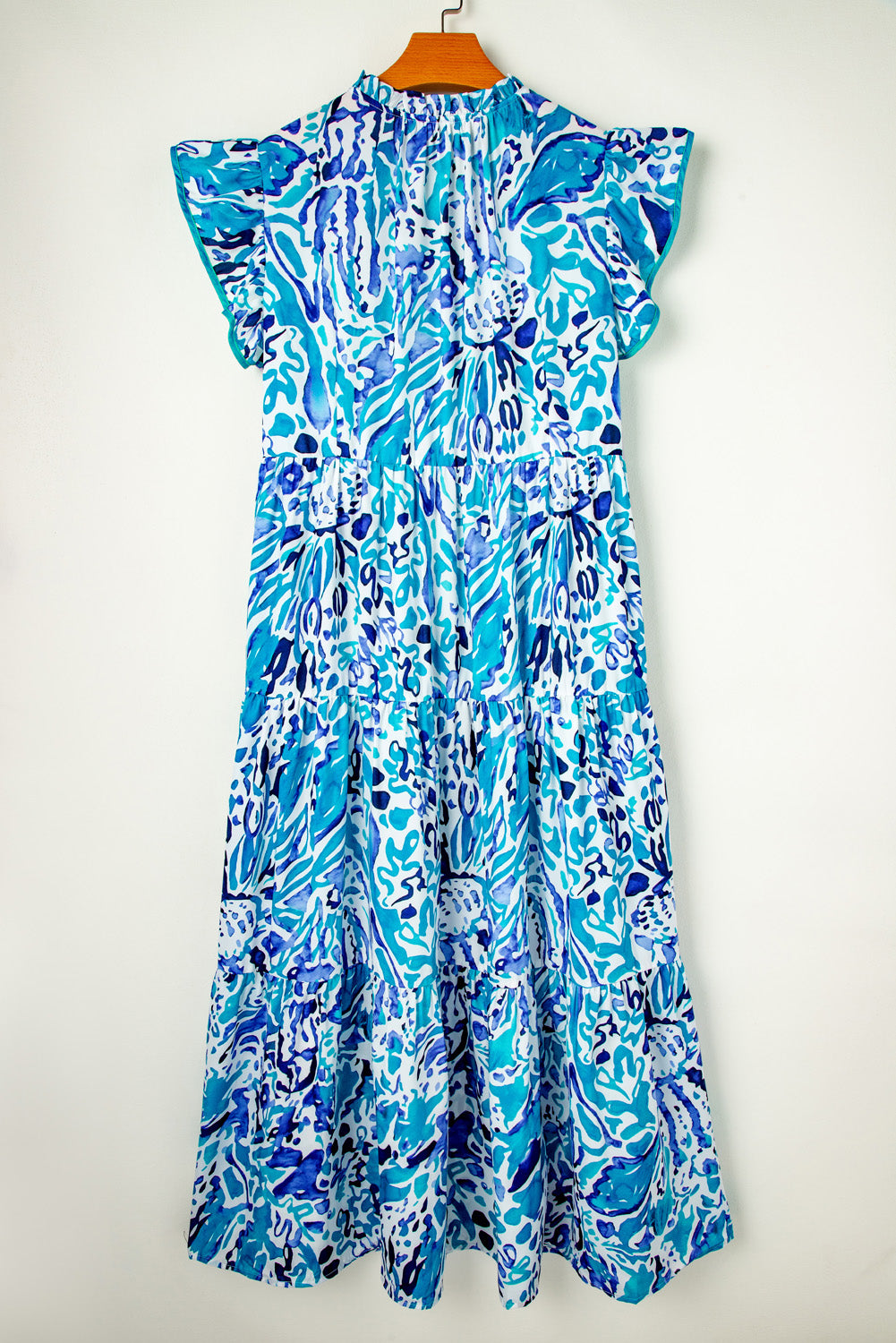 BLUE ABSTRACT RUFFLED SLEEVE MAXI DRESS