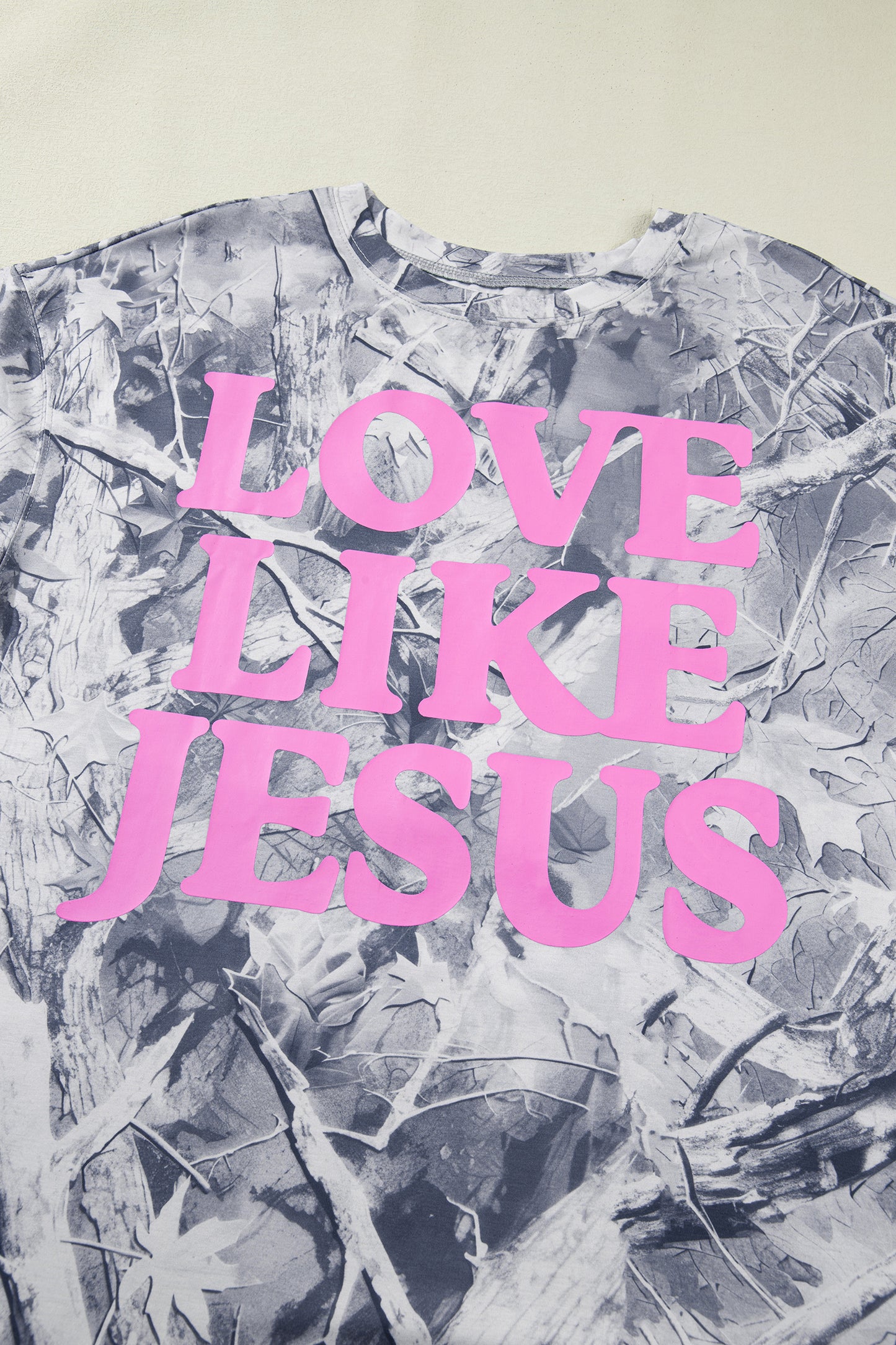 Curvy Gray Woodland Camouflage LOVE LIKE JESUS Plus Size T Shirt