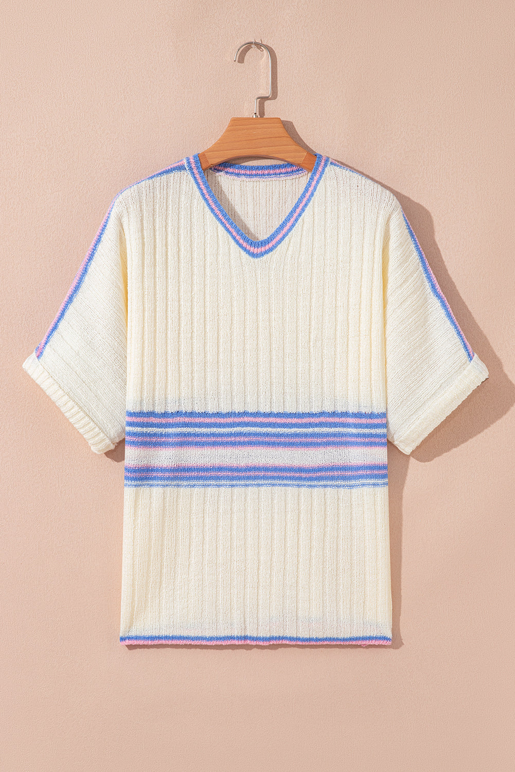 White Striped V Neck Dolman Sleeve Rib Knit Oversized Sweater with Slits (Warehouse Exclusives)