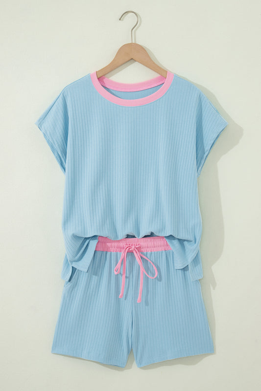 Mist blue ribbed color block short set by Modern Grace, featuring a two-piece design with soft, comfortable fabric and stylish fit.