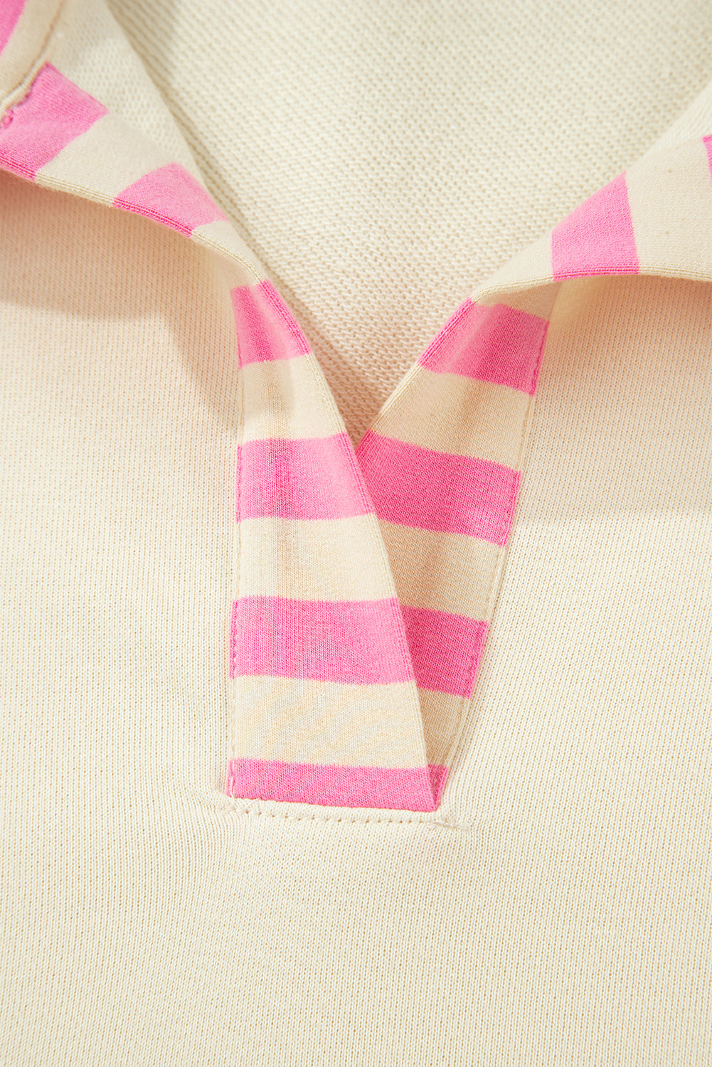Plus size pink striped polo collar drop shoulder sweatshirt by Modern Grace featuring a cozy, casual fit and stylish design.