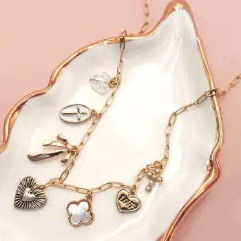 CHARM NECKLACE-CLOVER BOW CROSS HEART