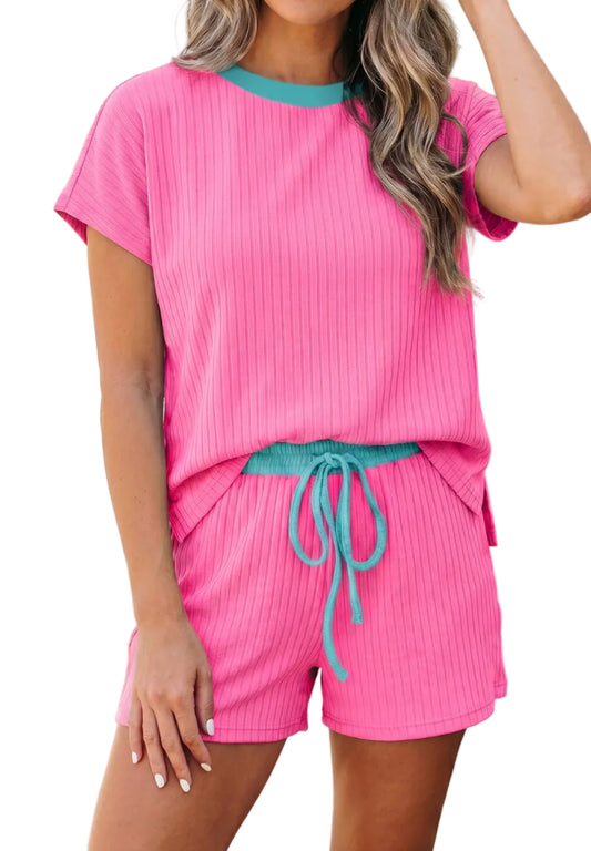 Pink ribbed color block short sleeve top and matching shorts set by Modern Grace, perfect for casual wear.