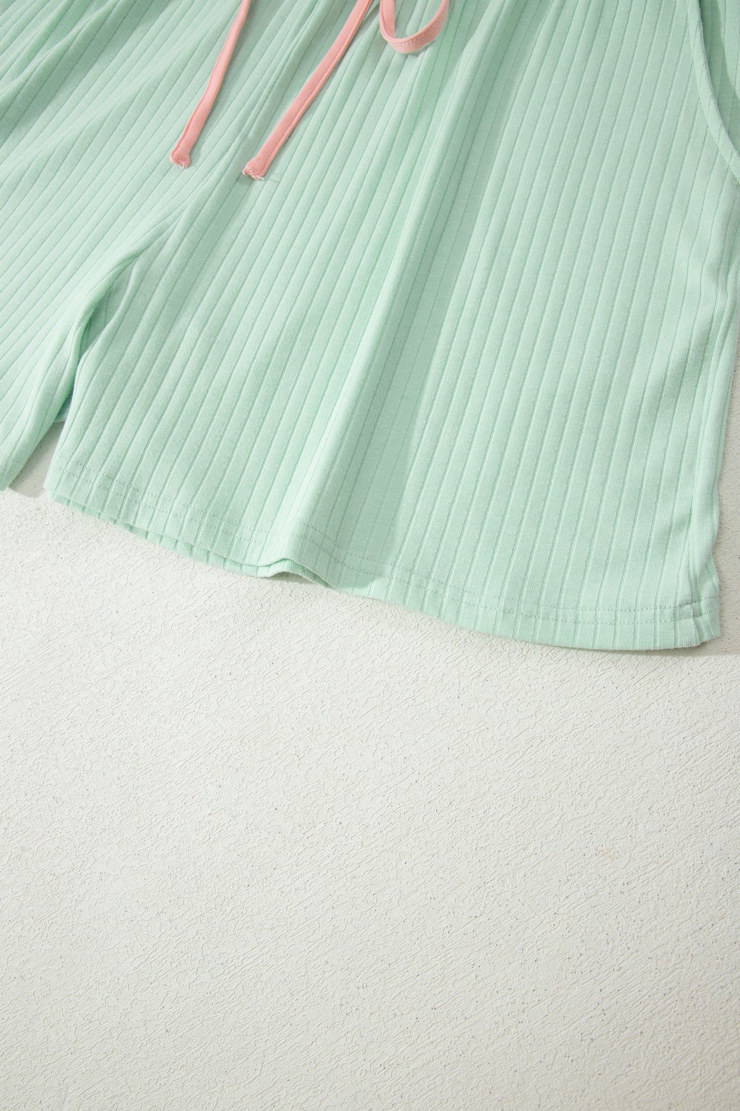 Curvy Aqua Plus Size Ribbed Color Block Trim Drawstring Shorts 2pcs Set
