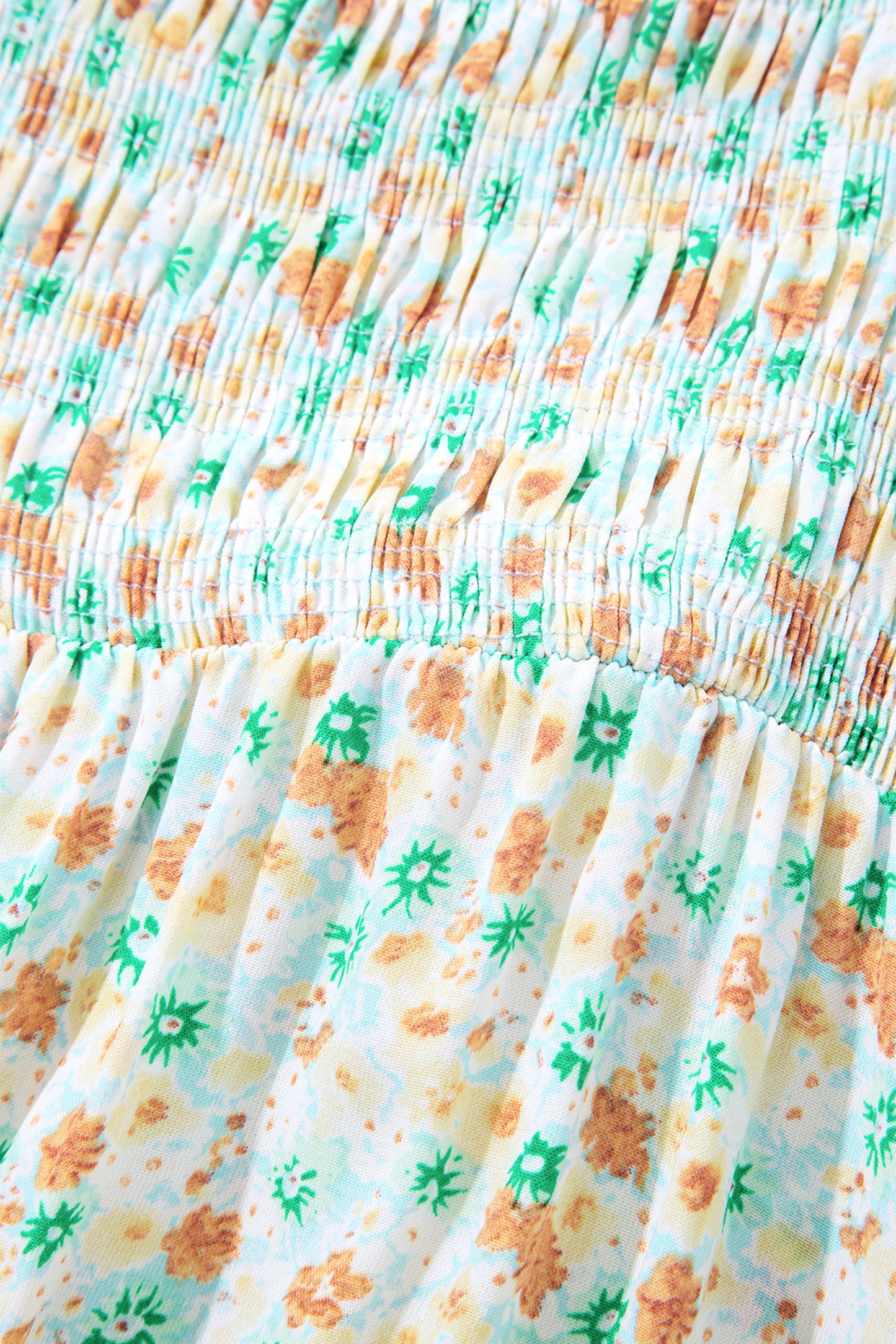 Floral Short Bubble Sleeve Shirred High Waist Maxi Dress