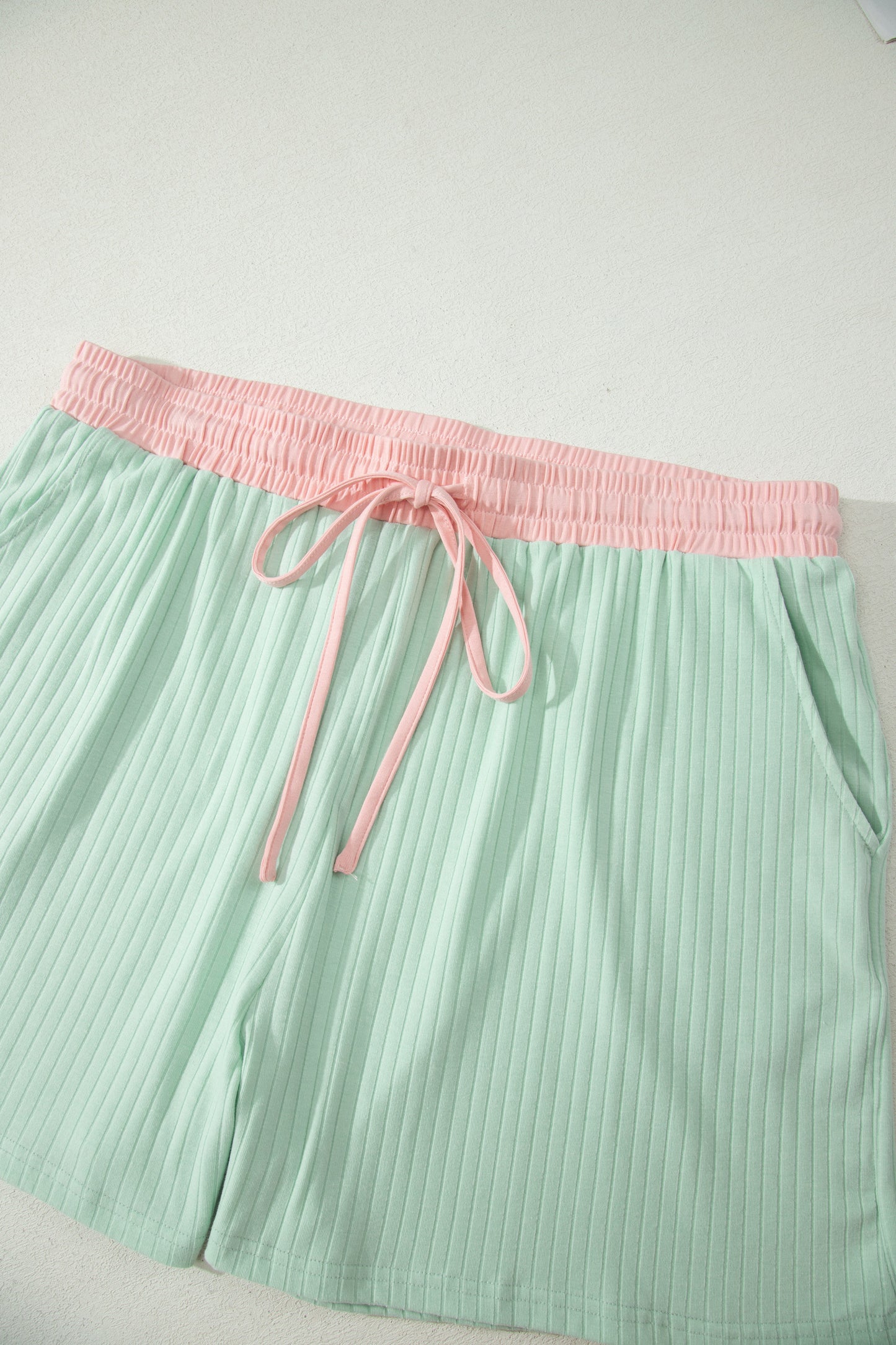Curvy Aqua Plus Size Ribbed Color Block Trim Drawstring Shorts 2pcs Set
