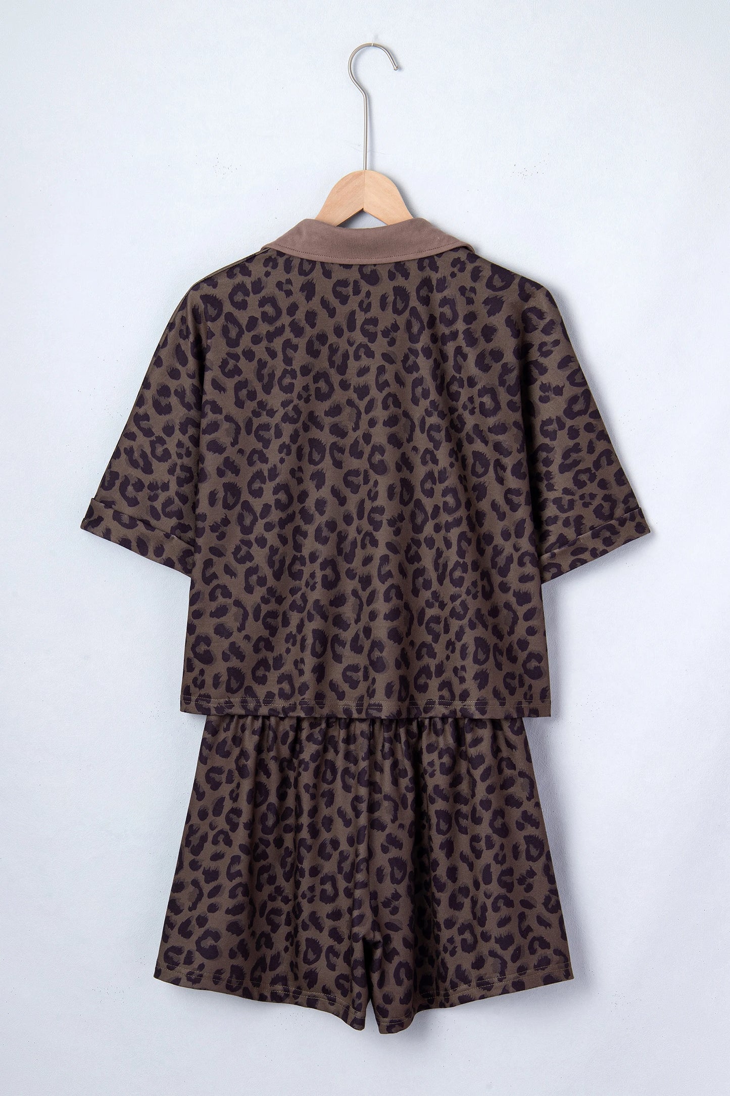 Brown leopard print V-neck high waist two-piece short set by Modern Grace, featuring a stylish, trendy design perfect for casual wear.