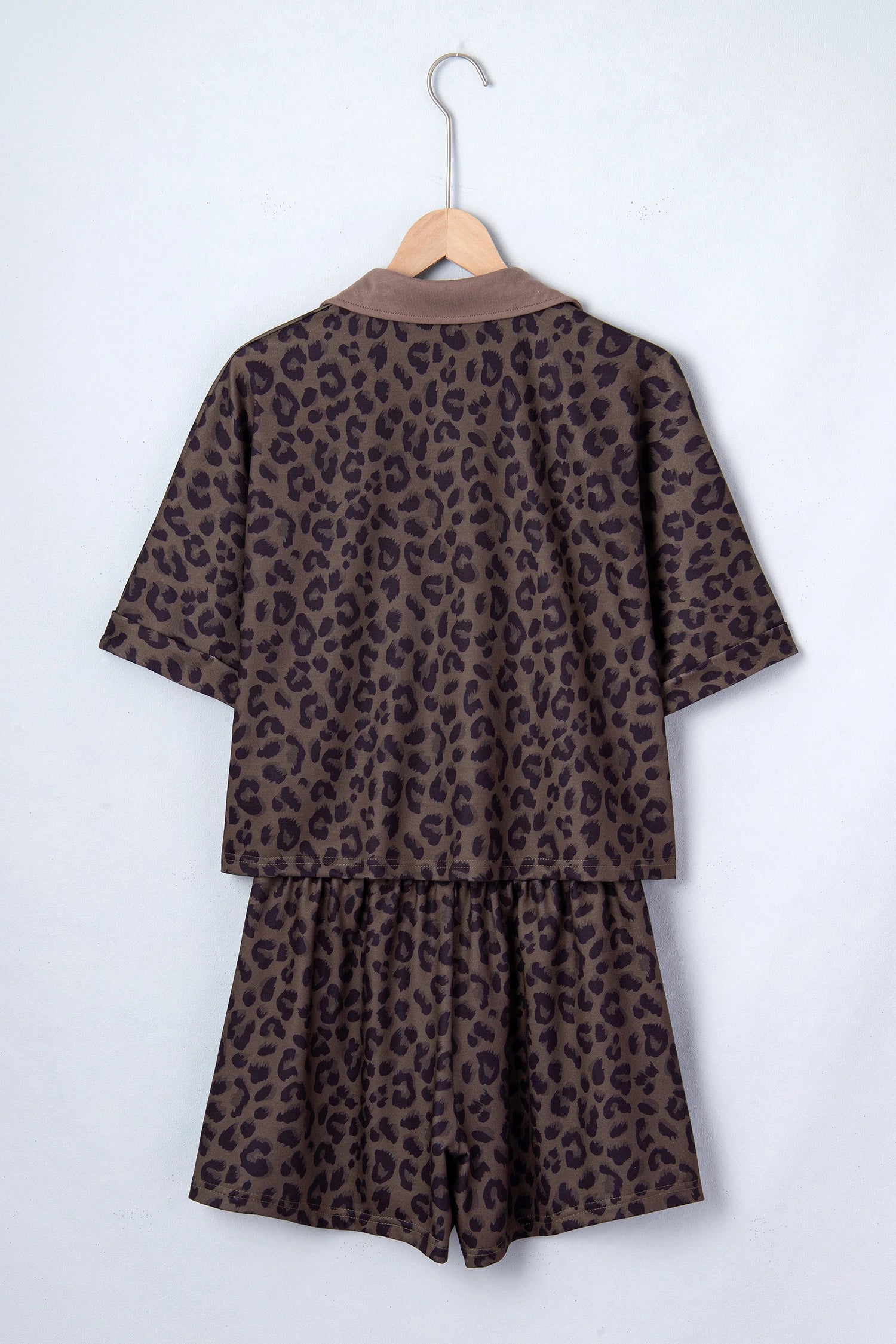 Brown leopard print V-neck high waist two-piece short set by Modern Grace, featuring a stylish, trendy design perfect for casual wear.