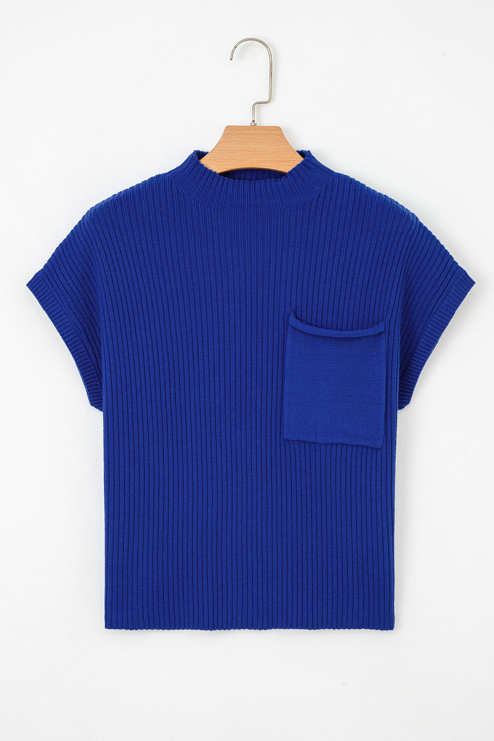 Dark Blue Pocket Ribbed Knit Short Sleeve Sweater Top (Warehouse Exclusives - Online only)