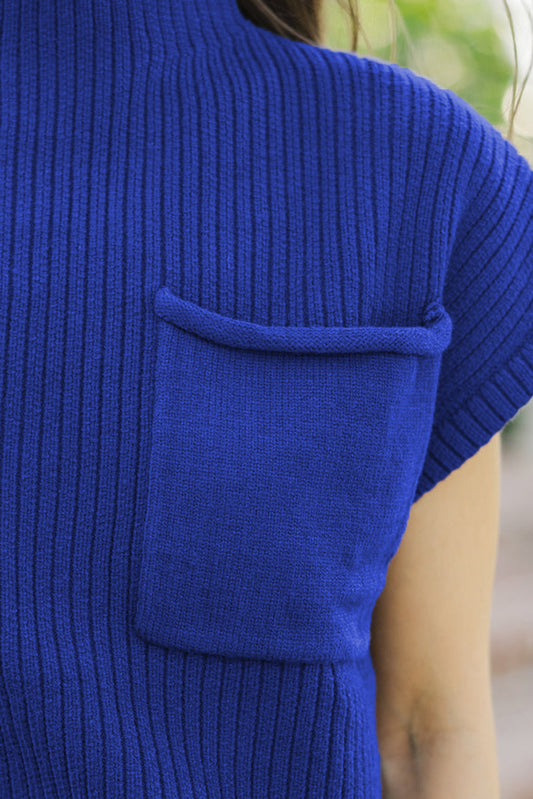 Dark Blue Pocket Ribbed Knit Short Sleeve Sweater Top (Warehouse Exclusives - Online only)