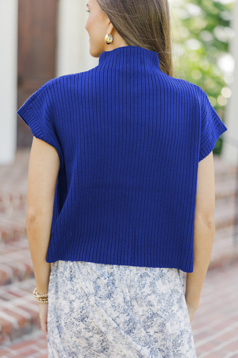 Dark Blue Pocket Ribbed Knit Short Sleeve Sweater Top (Warehouse Exclusives - Online only)