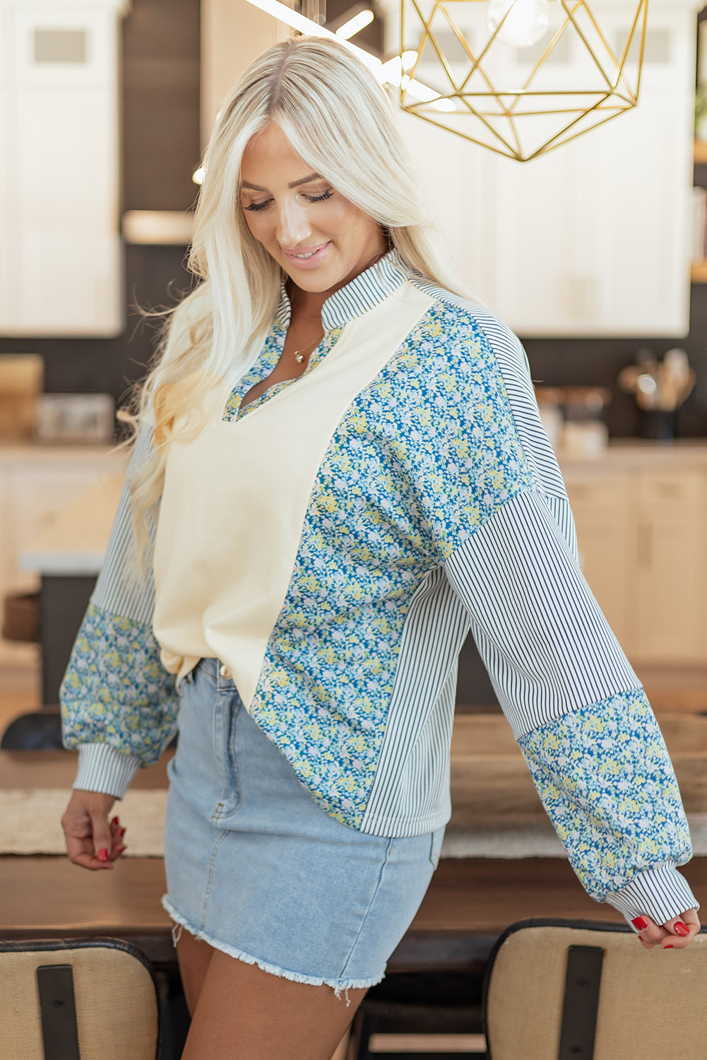 Beige Floral Striped Drop Sleeve Collared Boxy Fit Sweatshirt (Warehouse Exclusives - Online only)