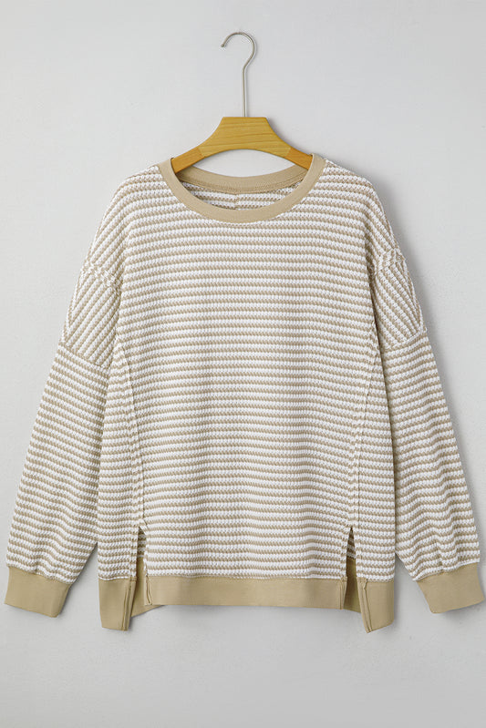 CURVY Brown Stripe Plus Size Breathable Knit Ribbed Trim Long Sleeve Top (Warehouse Exclusives - Online only!)
