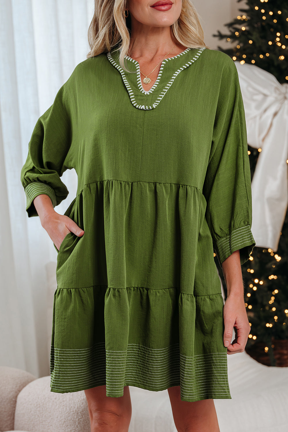 Jungle Green Contrast Stitched V Neck 3/4 Sleeve Tiered Dress (Warehouse Exclusives)
