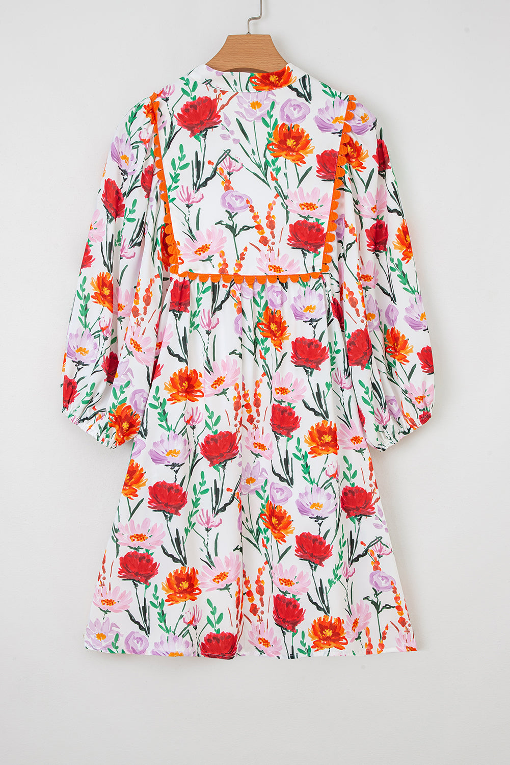 Beige Floral Print 3/4 Puff Sleeve Ricrac Trim Dress