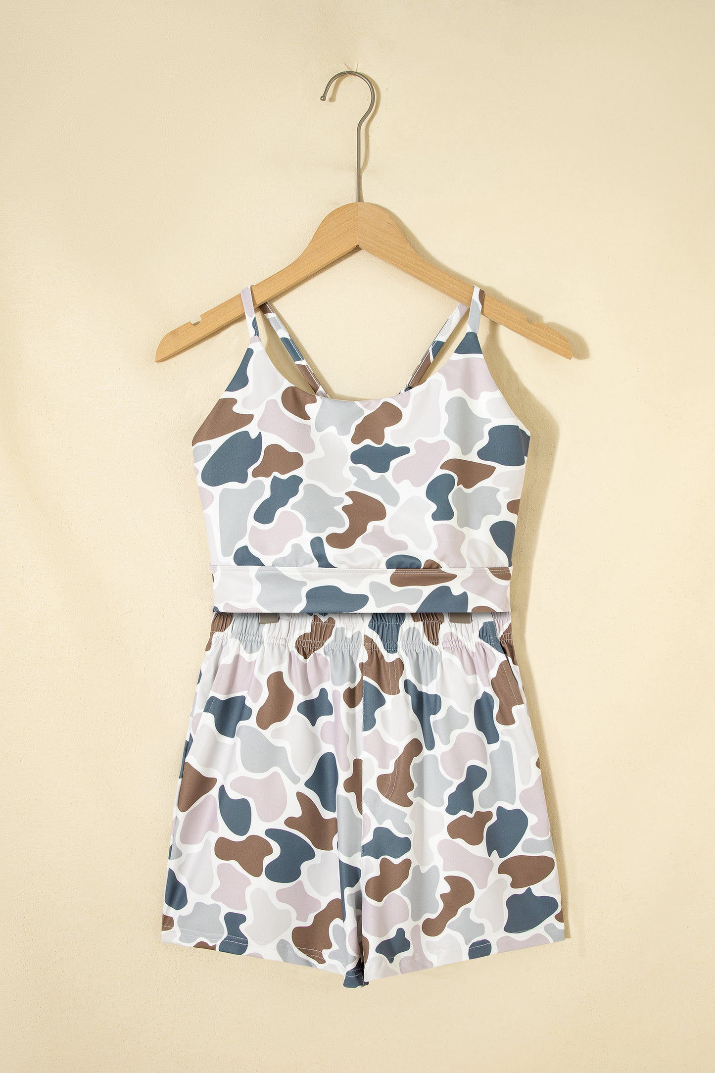 Modern Grace camo print cropped tank and high-rise shorts athleisure set, two-piece activewear for stylish workouts.