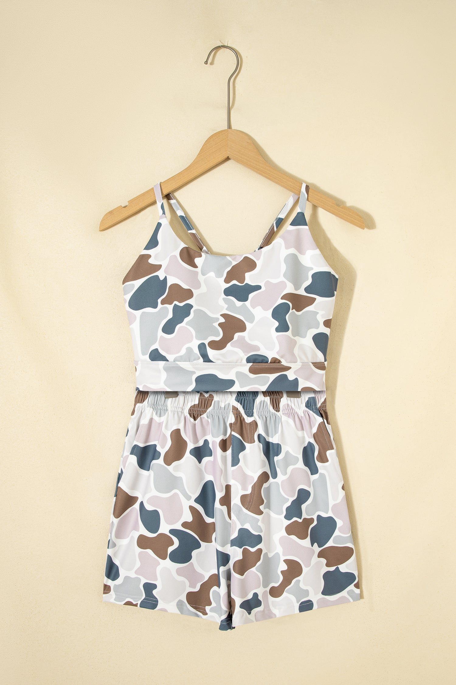 Modern Grace camo print cropped tank and high-rise shorts athleisure set, two-piece activewear for stylish workouts.
