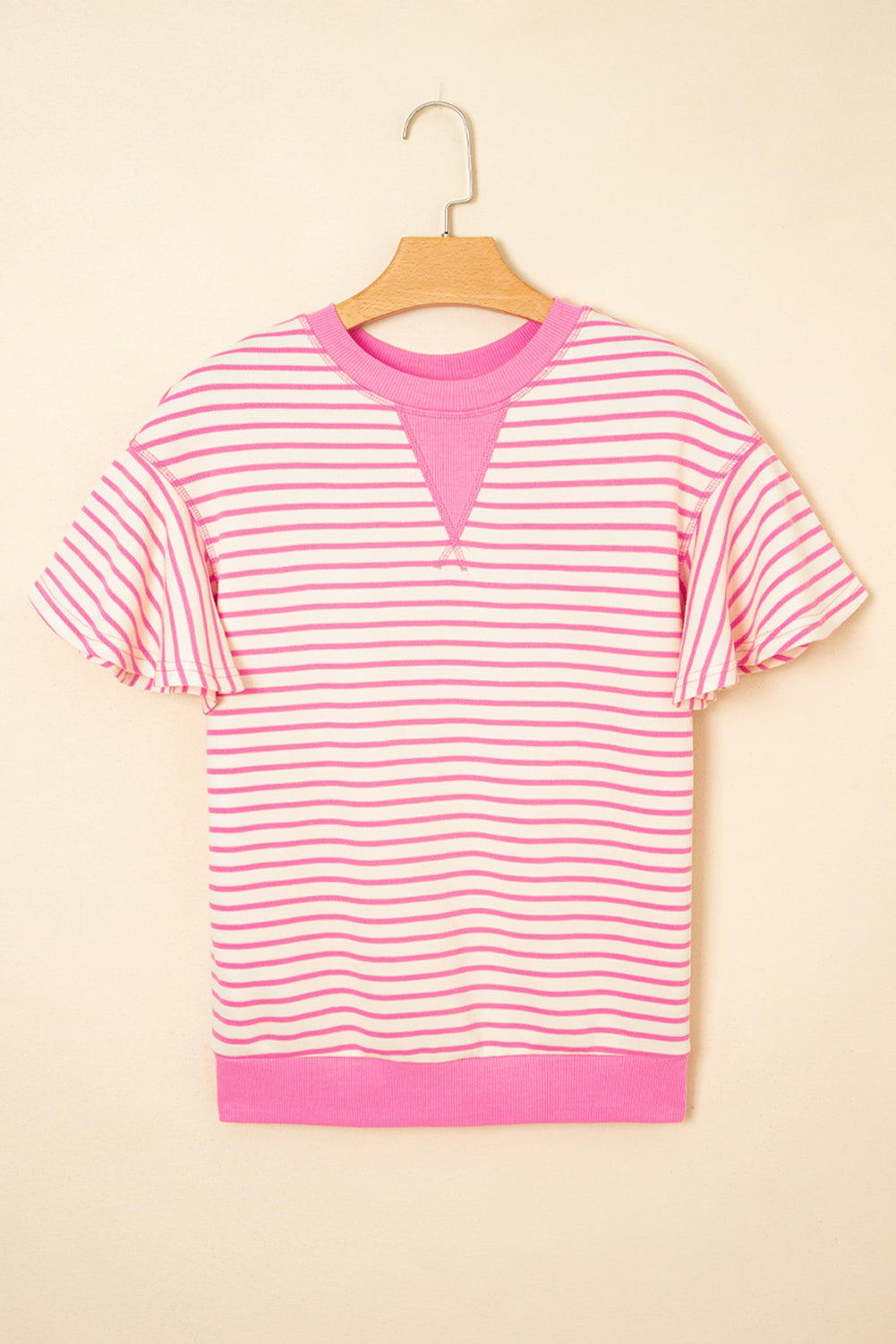 Pink striped ruffle short sleeve top with contrast details from Modern Grace, featuring a stylish, feminine design.