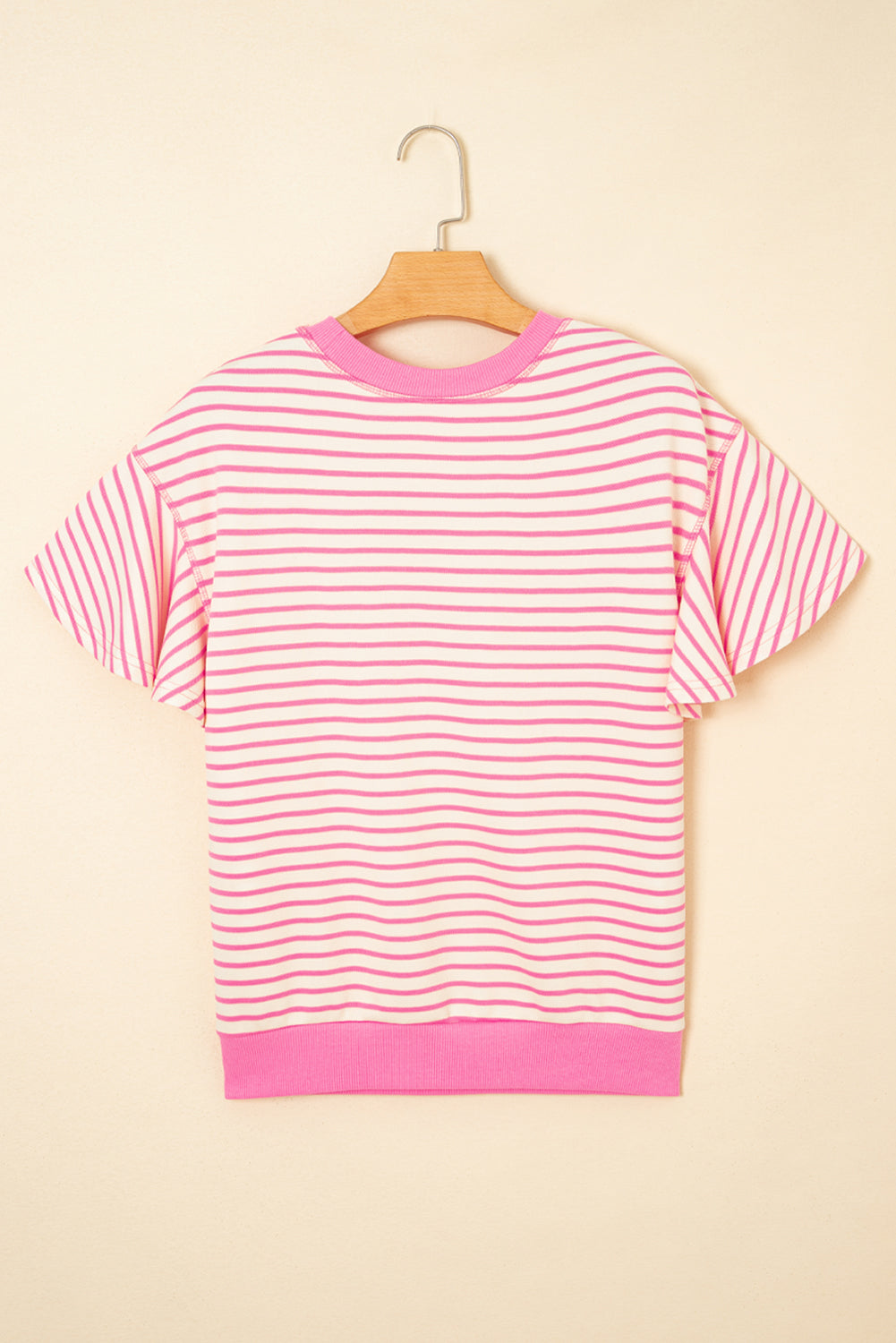 Pink striped ruffle short sleeve top with contrast details from  Modern Grace, featuring a stylish, feminine design.