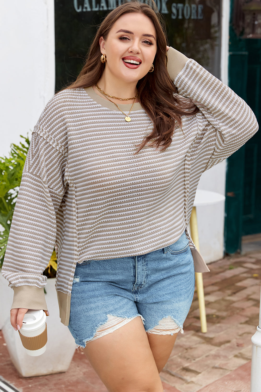 CURVY Brown Stripe Plus Size Breathable Knit Ribbed Trim Long Sleeve Top (Warehouse Exclusives - Online only!)