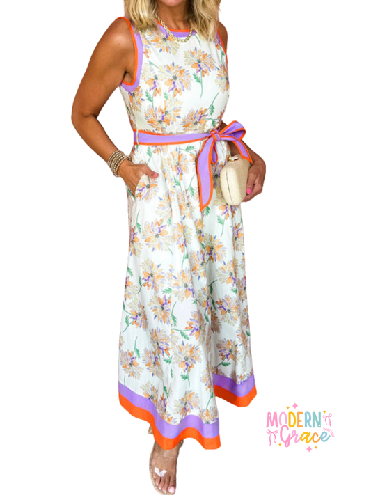 White Floral Print Belted Sleeveless Maxi Dress – Warehouse Exclusive