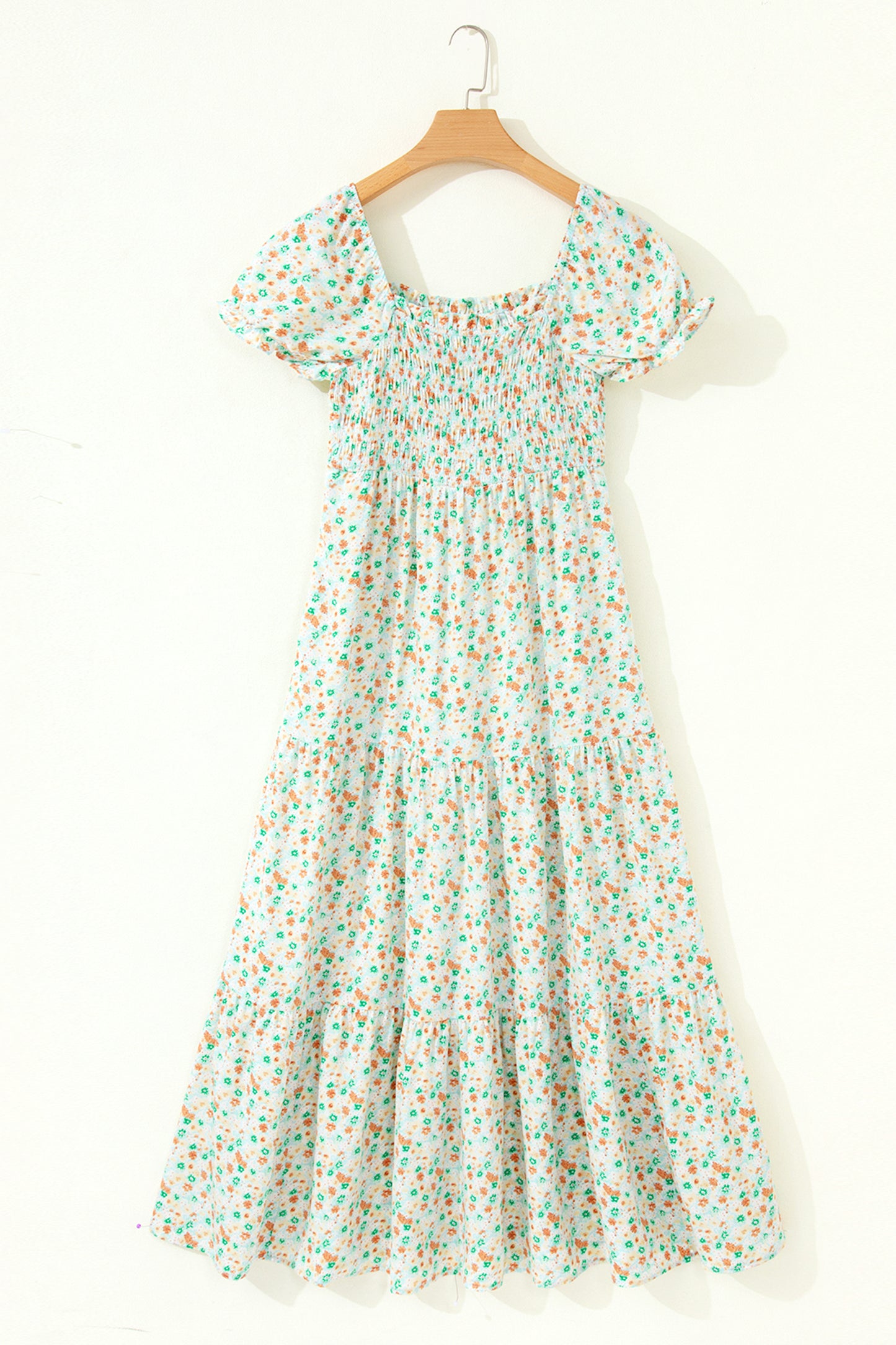 Floral Short Bubble Sleeve Shirred High Waist Maxi Dress