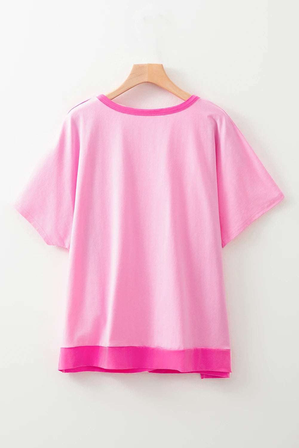 Plus size bright pink colorblock patchwork henley top with short sleeves and buttons by Modern Grace