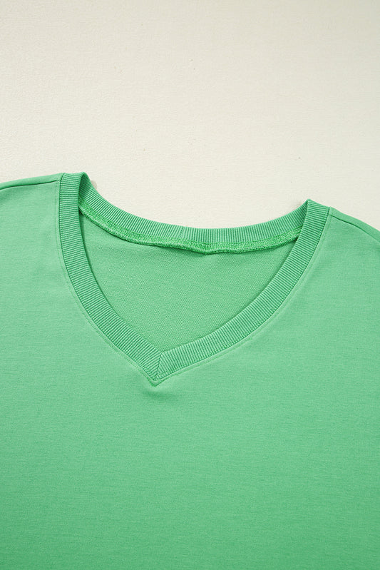 Mint Green Plus Size V Neck Tee Patched Pocket Drawstring Shorts Set