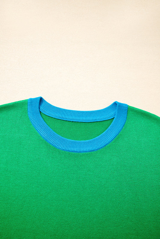 Green Contrast Trim Round Neck Short Sleeve Loose Knit Sweater (Warehouse Exclusive)