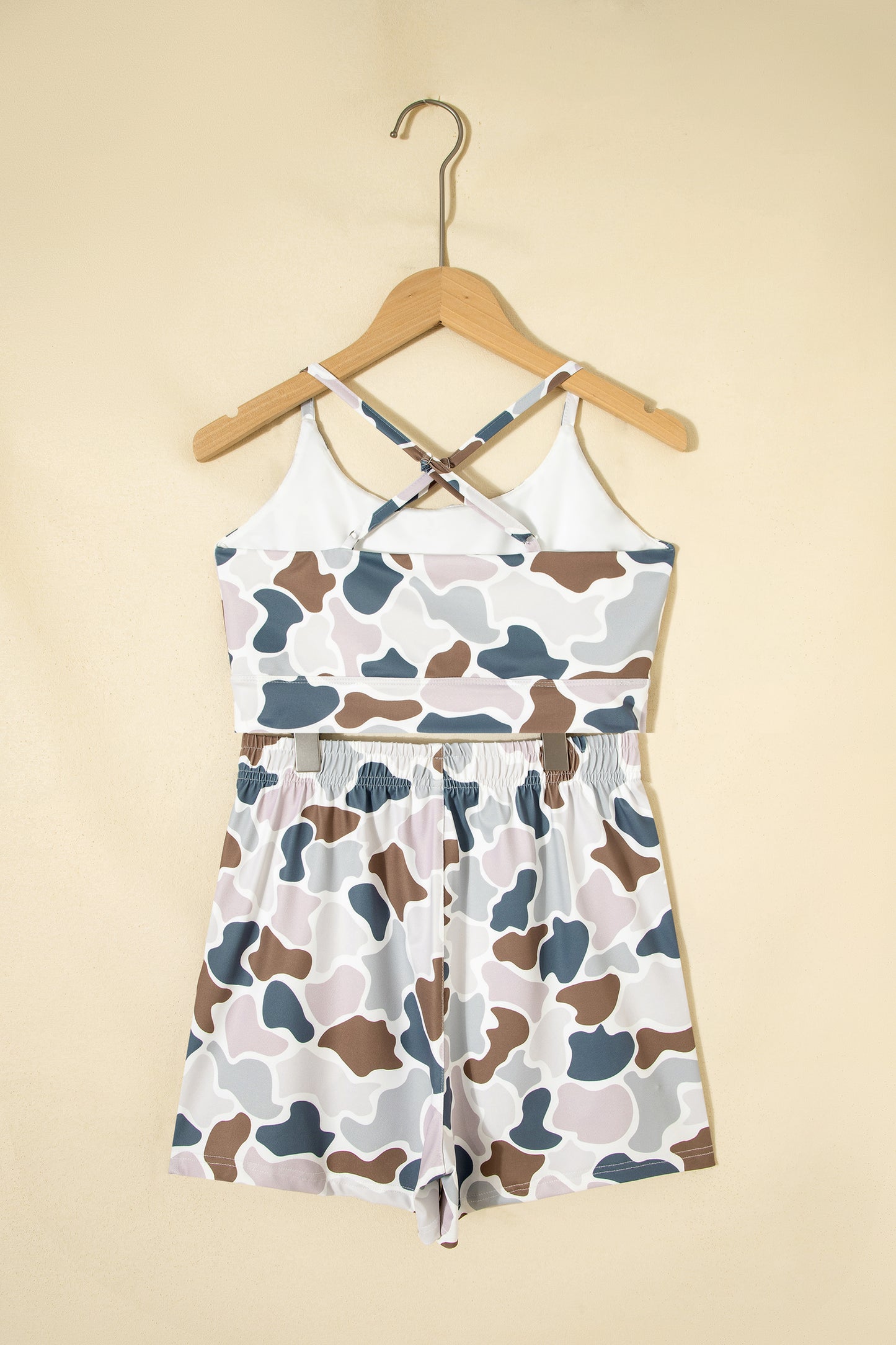 Modern Grace camo print cropped tank and high-rise shorts athleisure set, two-piece activewear ensemble, casual and stylish.